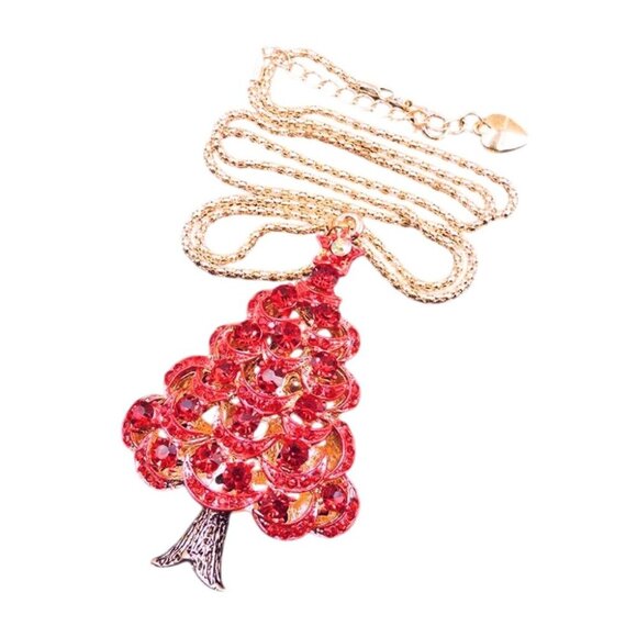 Betsey Johnson Necklace Red & Pink Crystal Christmas Tree Pendant Gold Tone - Picture 1 of 2